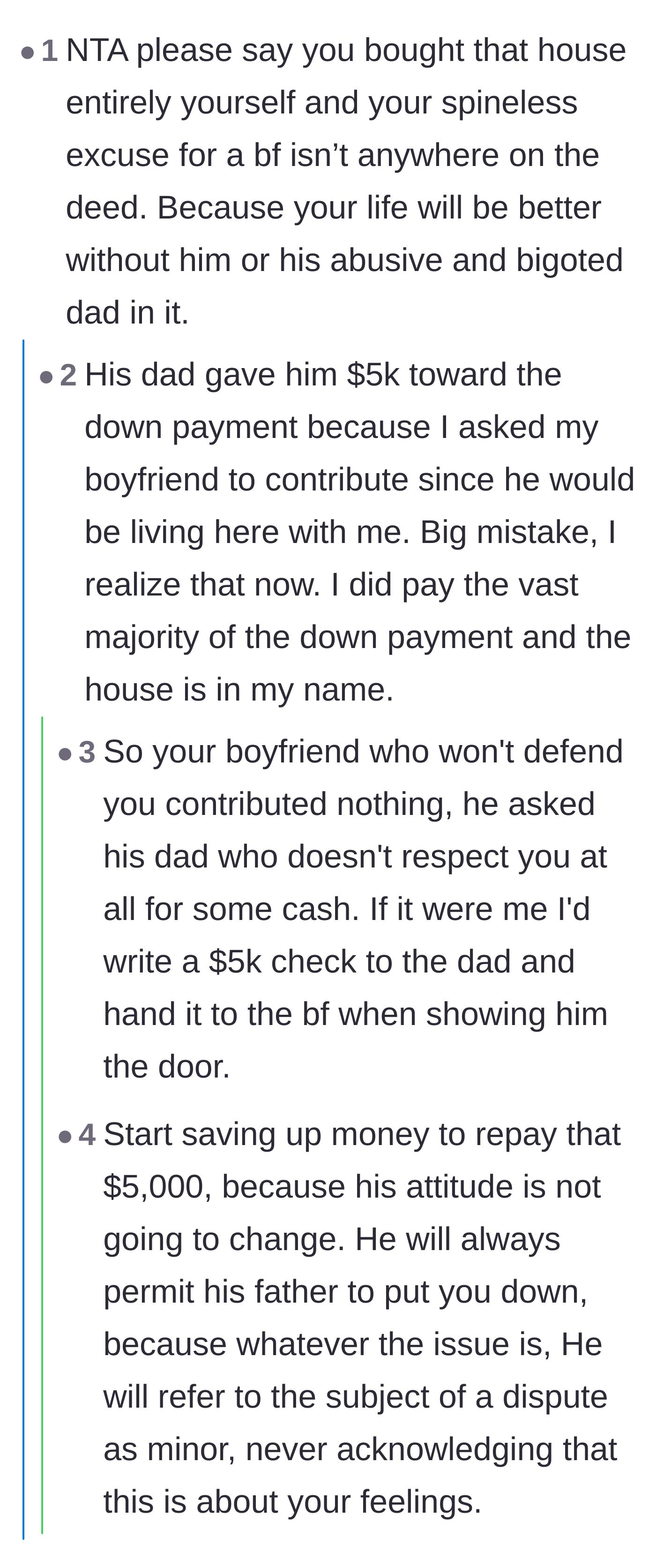 Comment thread 5 - The stunning revelation that the father contributed five thousand dollars to the down payment on the boyfriend's behalf, prompting advice to immediately refund the money.