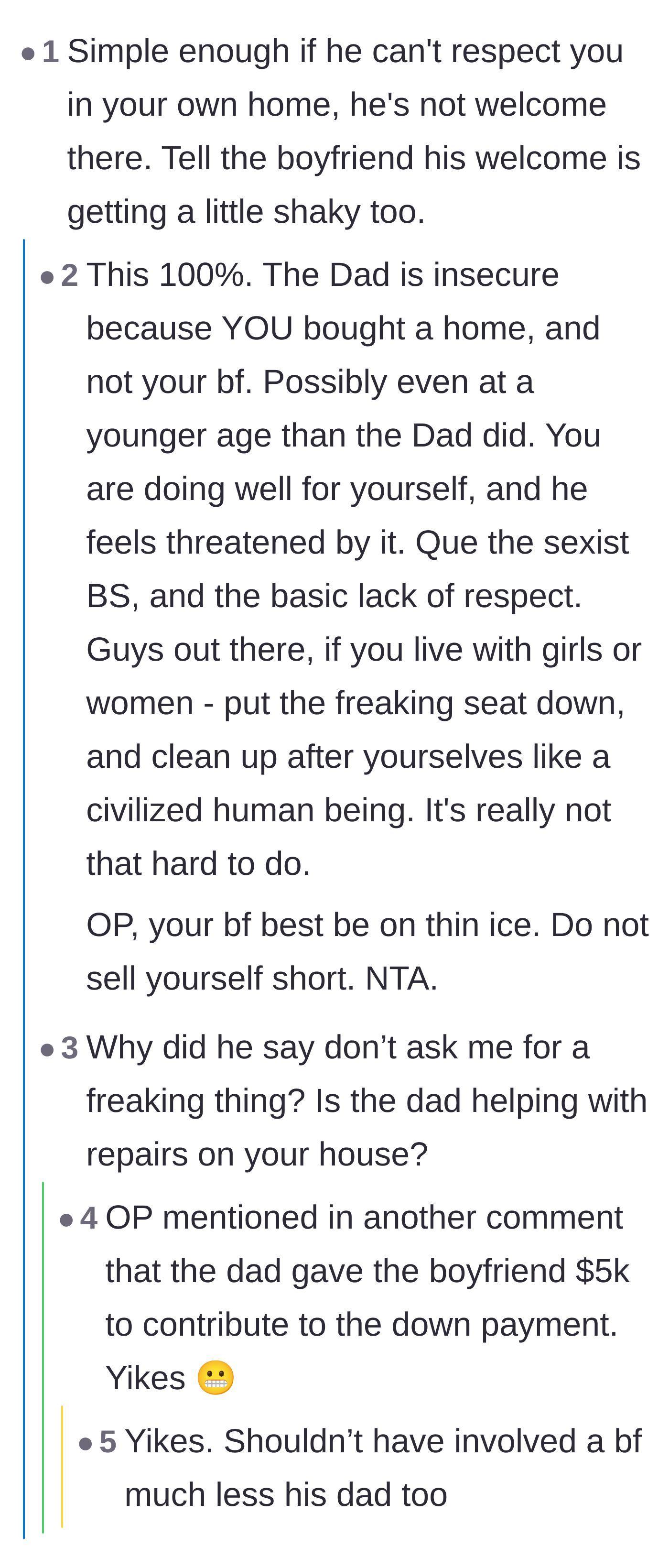 Comment thread 6 - A discussion analyzing why the father feels financially threatened by the young homeowner and dissecting the real reason behind his explosive exit.