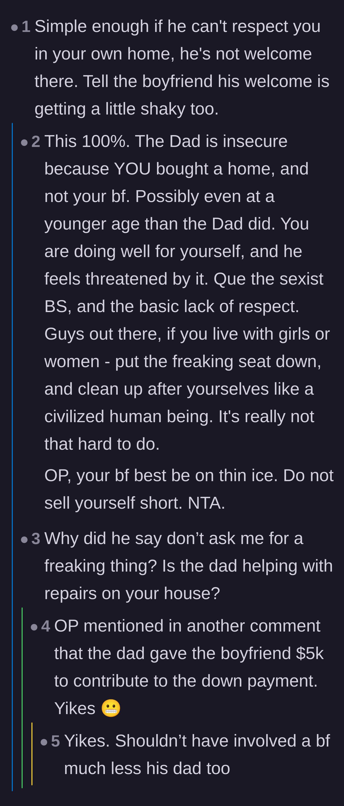 Comment thread 6 - A discussion analyzing why the father feels financially threatened by the young homeowner and dissecting the real reason behind his explosive exit.