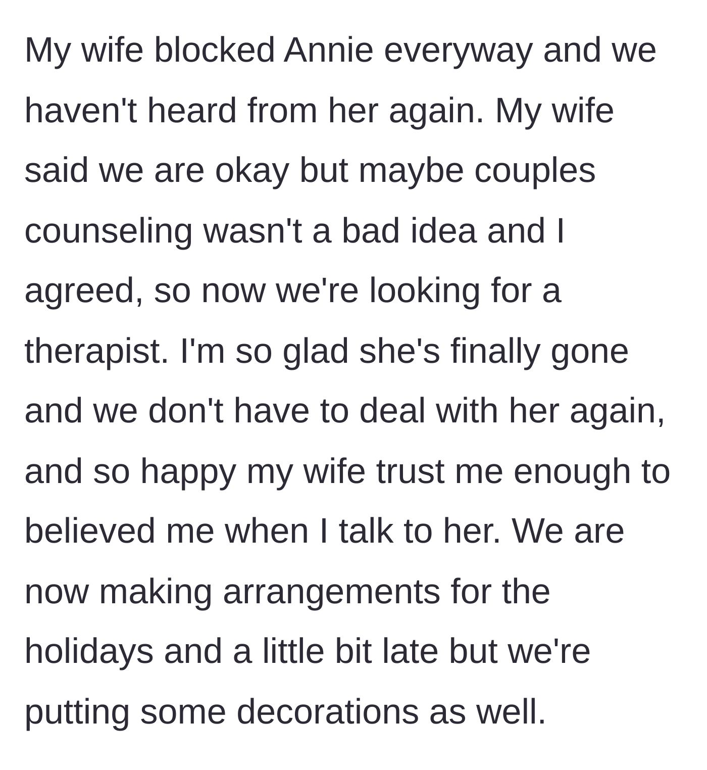 Story part 7 - The couple blocks the toxic sister, considers couples counseling, and starts decorating for the holidays.