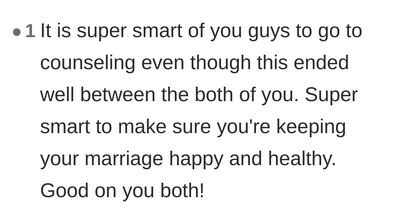 Comment thread 1 - Readers praising the couple for proactively choosing to go to marriage counseling.