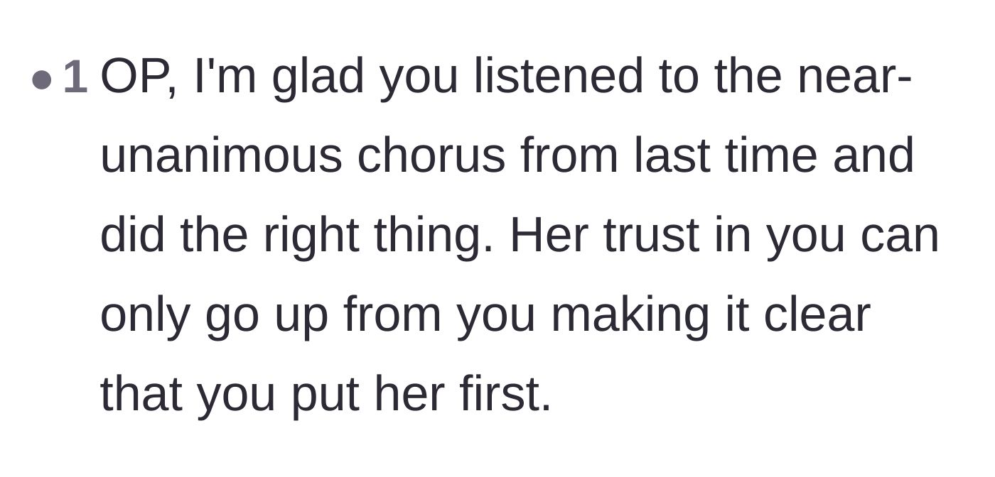 Comment thread 2 - A commenter expressing relief that the husband listened to advice and prioritized his wife.