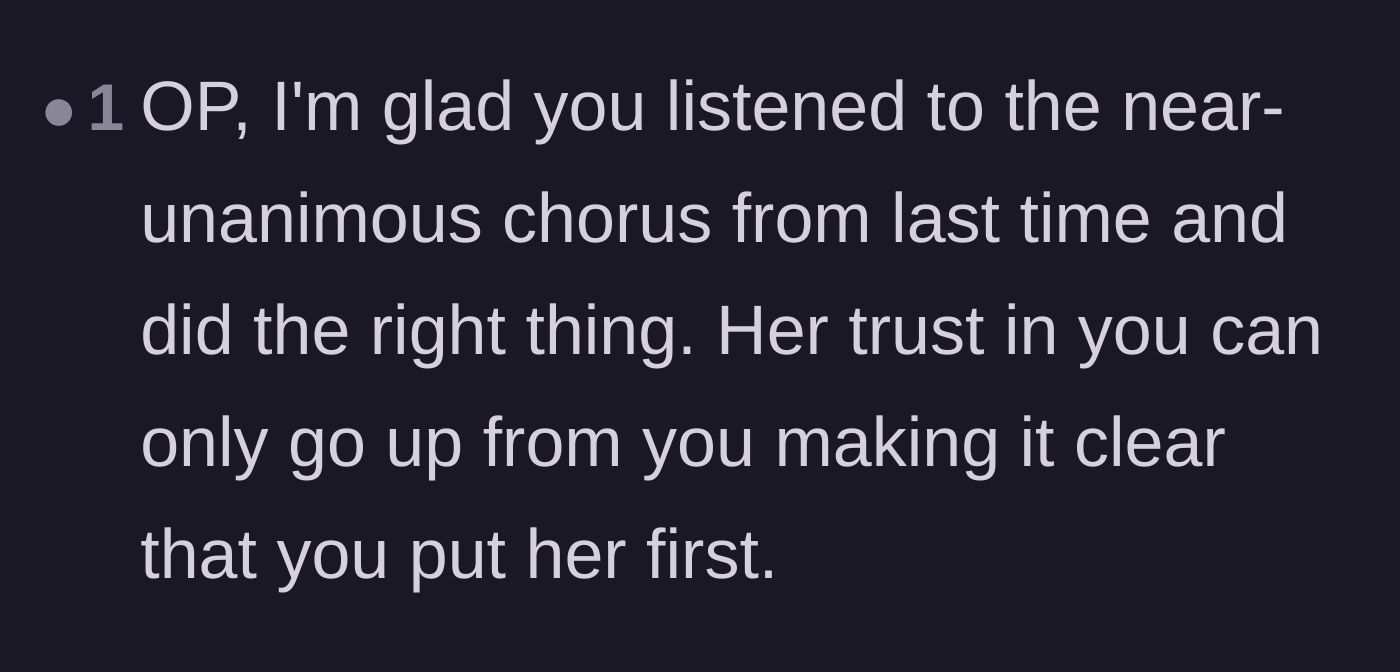 Comment thread 2 - A commenter expressing relief that the husband listened to advice and prioritized his wife.