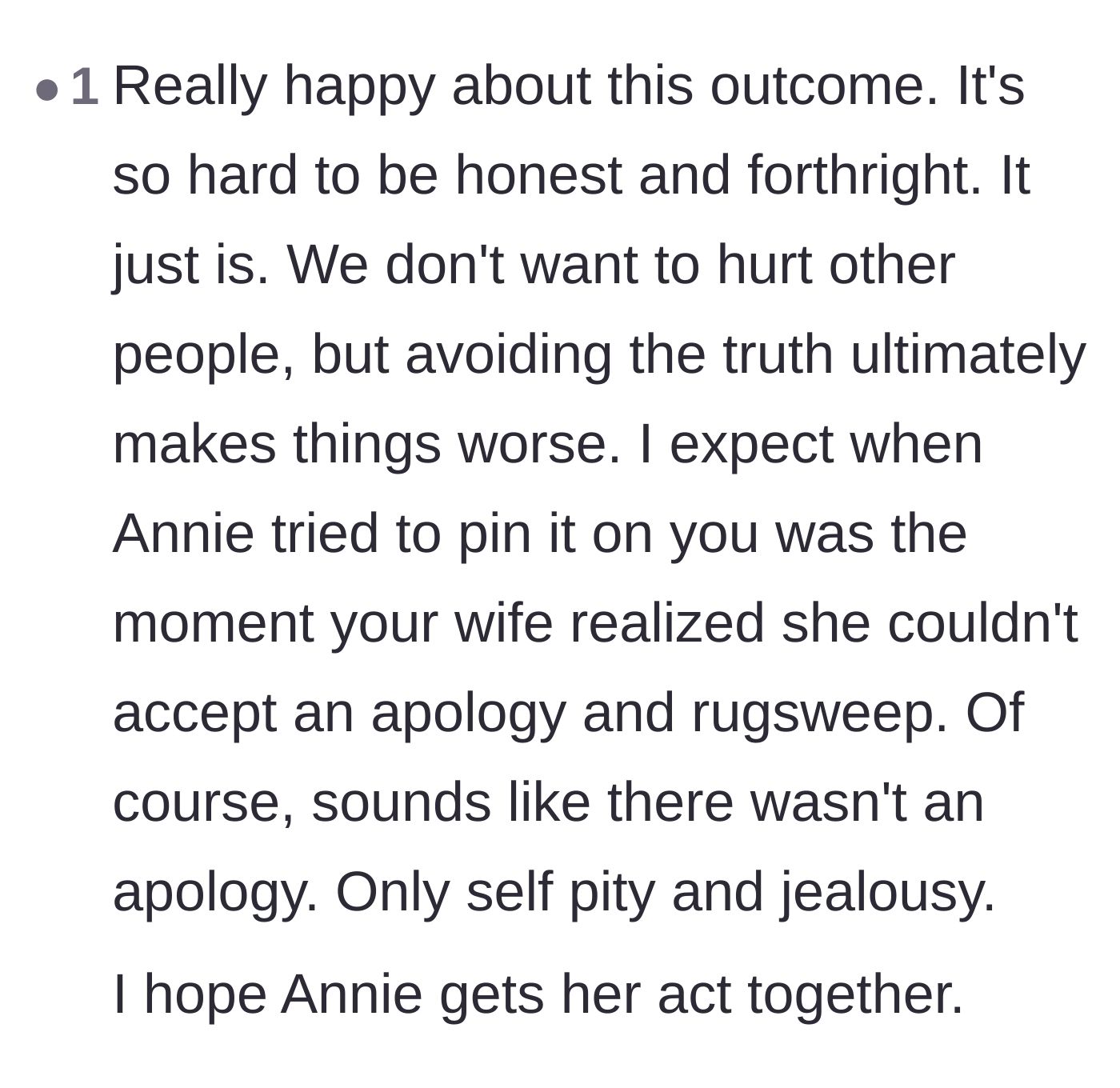 Comment thread 4 - A reaction pointing out the difficulty of honesty and the sister's complete lack of a real apology.