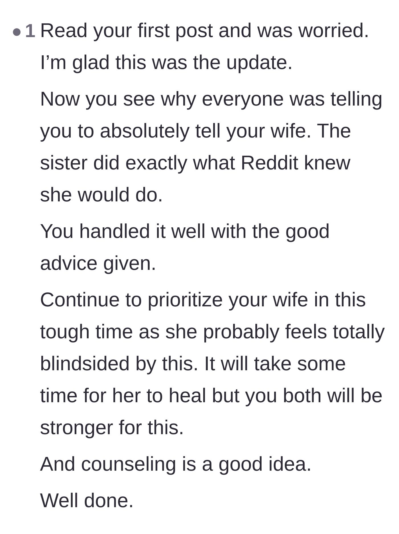 Comment thread 5 - A commenter pointing out that the community correctly predicted the sister's manipulative, gaslighting behavior.