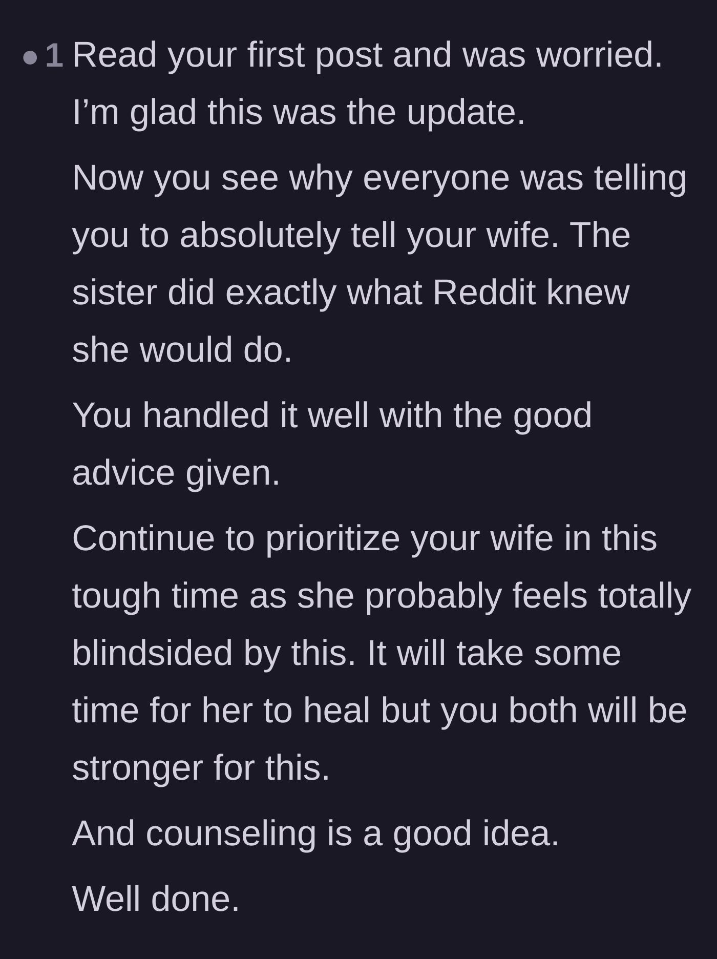 Comment thread 5 - A commenter pointing out that the community correctly predicted the sister's manipulative, gaslighting behavior.