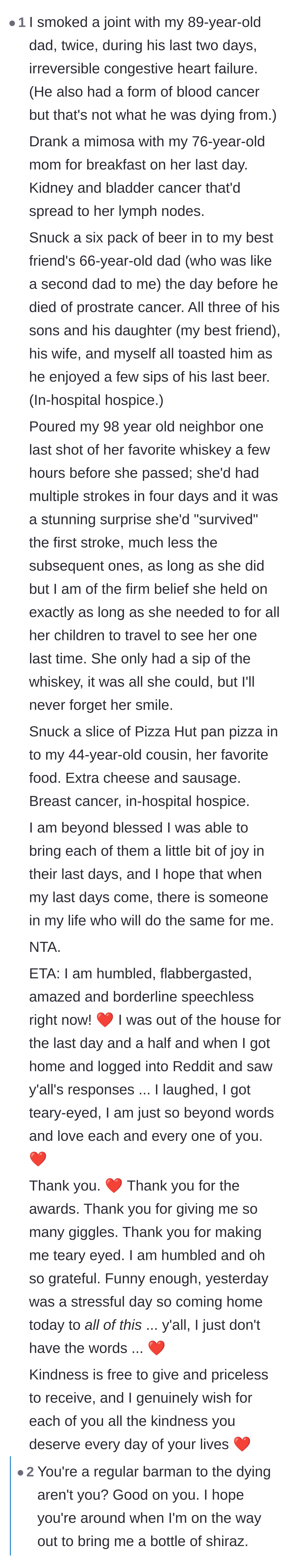 Comment thread 2 - A touching compilation of readers who snuck final meals and drinks to dying loved ones in their last moments.