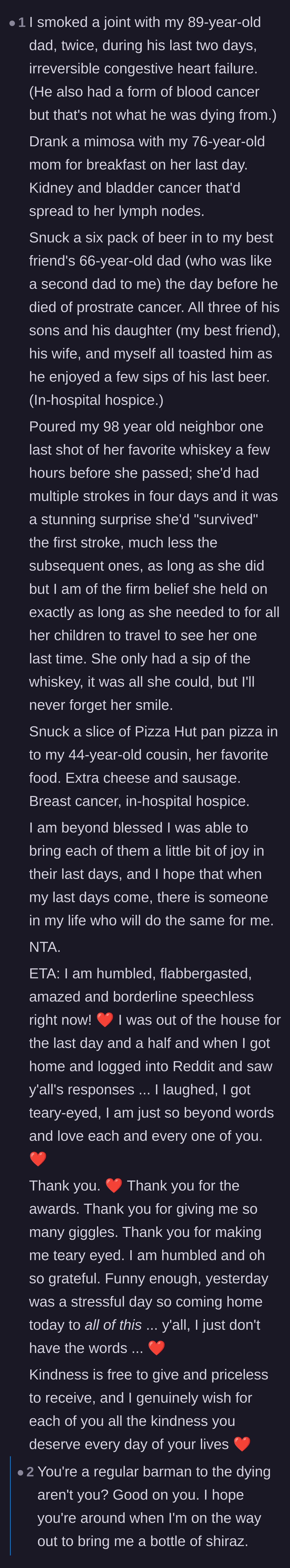 Comment thread 2 - A touching compilation of readers who snuck final meals and drinks to dying loved ones in their last moments.