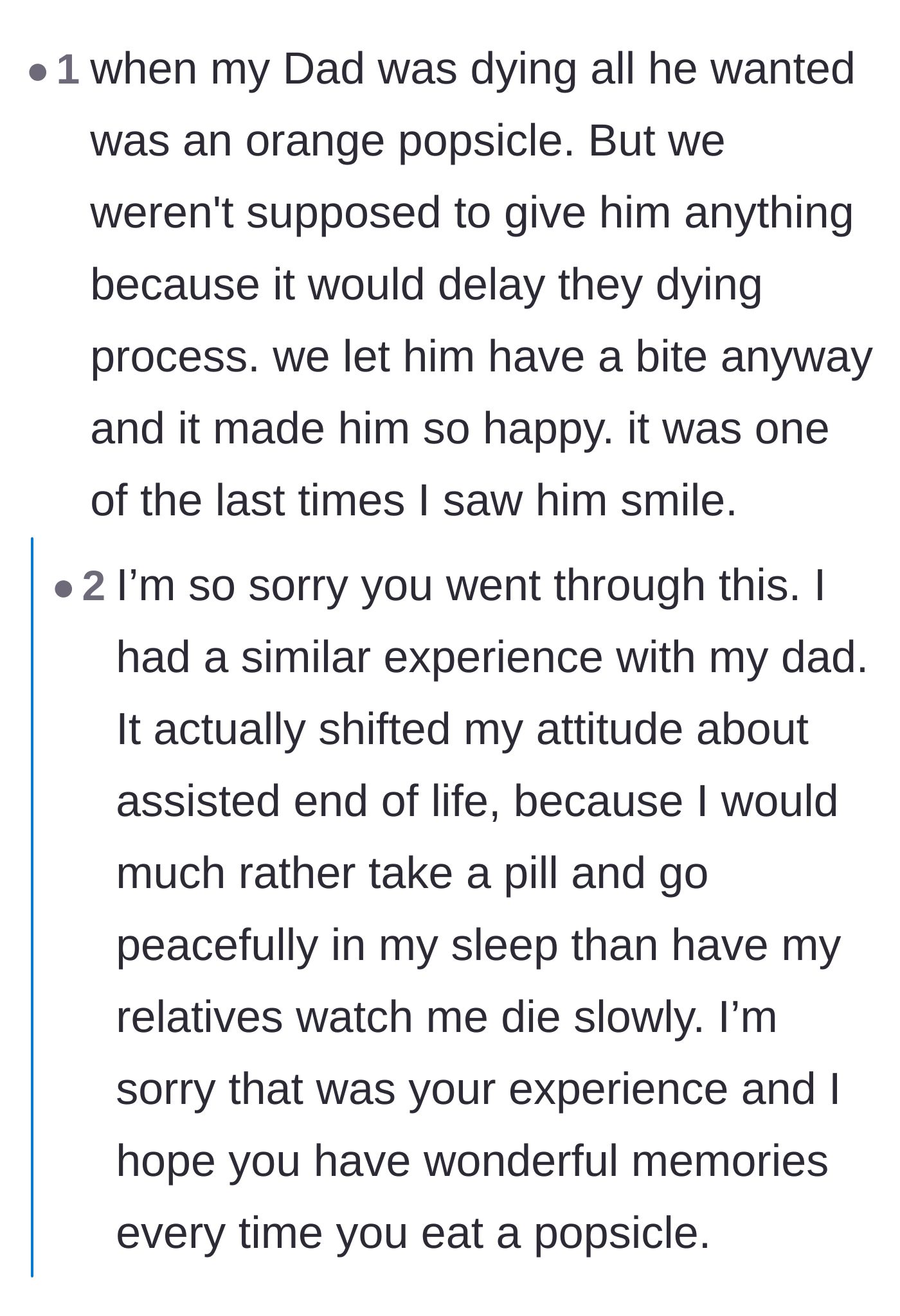 Comment thread 6 - A deeply emotional exchange about a dying father's last smile over a popsicle and the trauma of watching a slow decline.