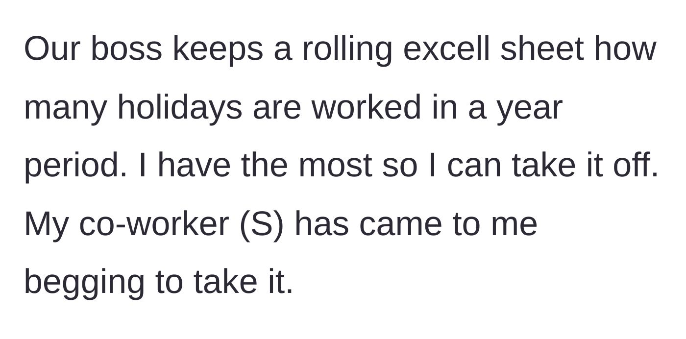 Story part 2 - The boss's Excel sheet proving the author earned the time off, and coworker S begging for it.