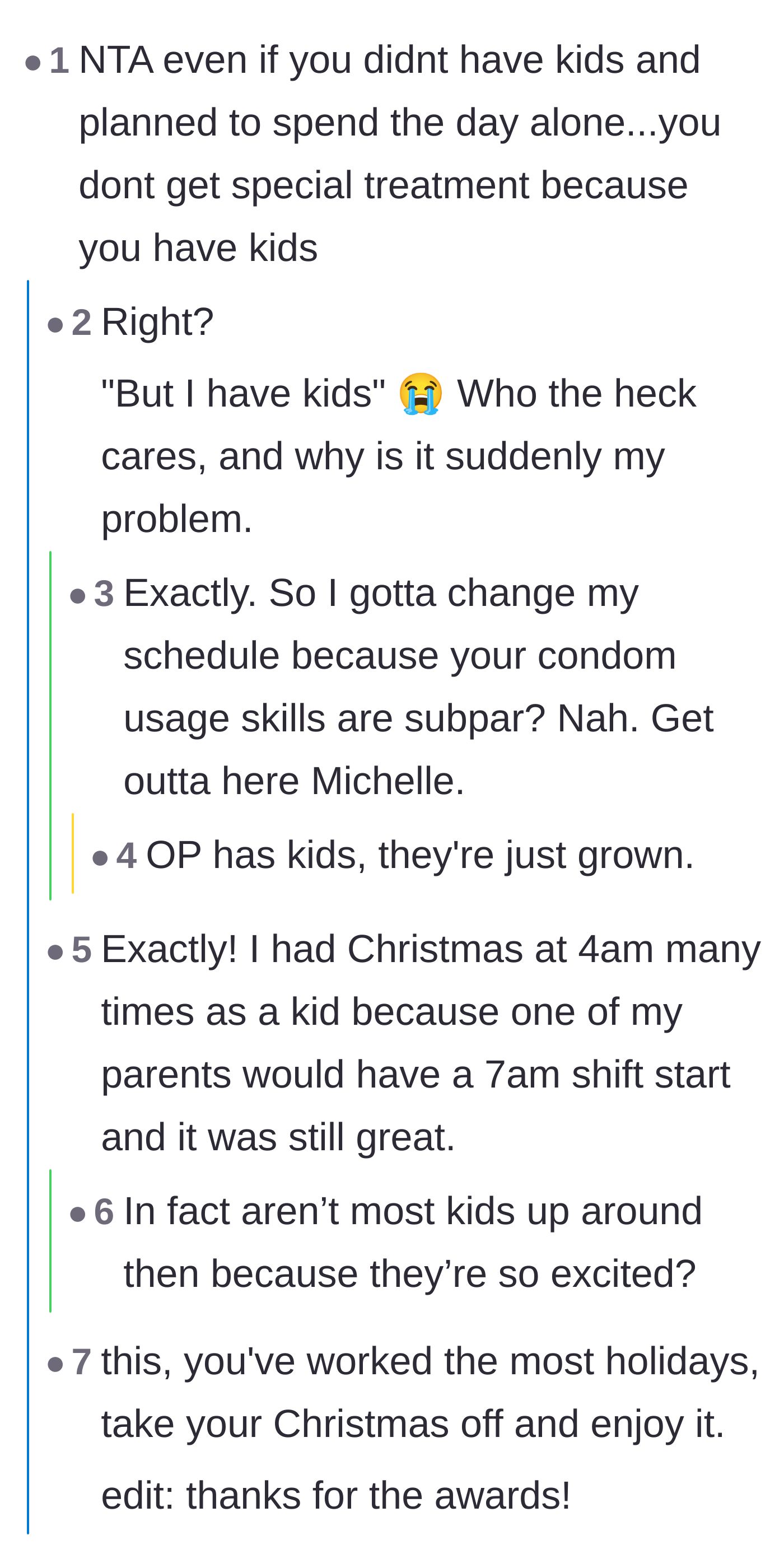 Comment thread 2 - A blunt discussion about why having children does not entitle you to skip workplace scheduling rules.