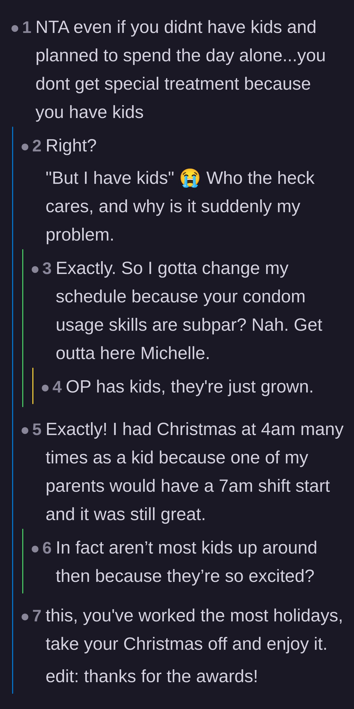 Comment thread 2 - A blunt discussion about why having children does not entitle you to skip workplace scheduling rules.