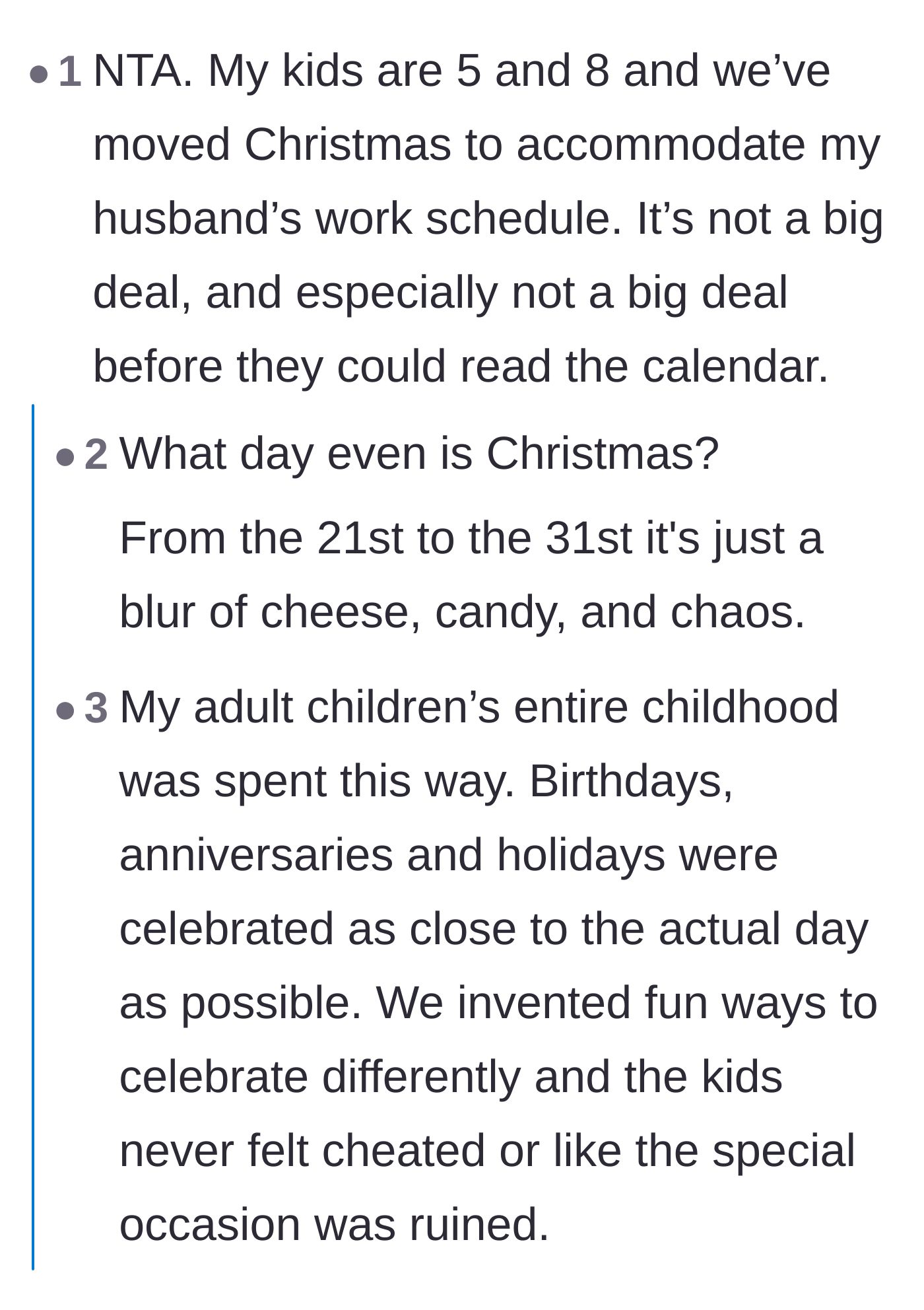 Comment thread 3 - Parents sharing stories of successfully moving Christmas dates, which inevitably derails into a joke about a cheese-themed holiday.