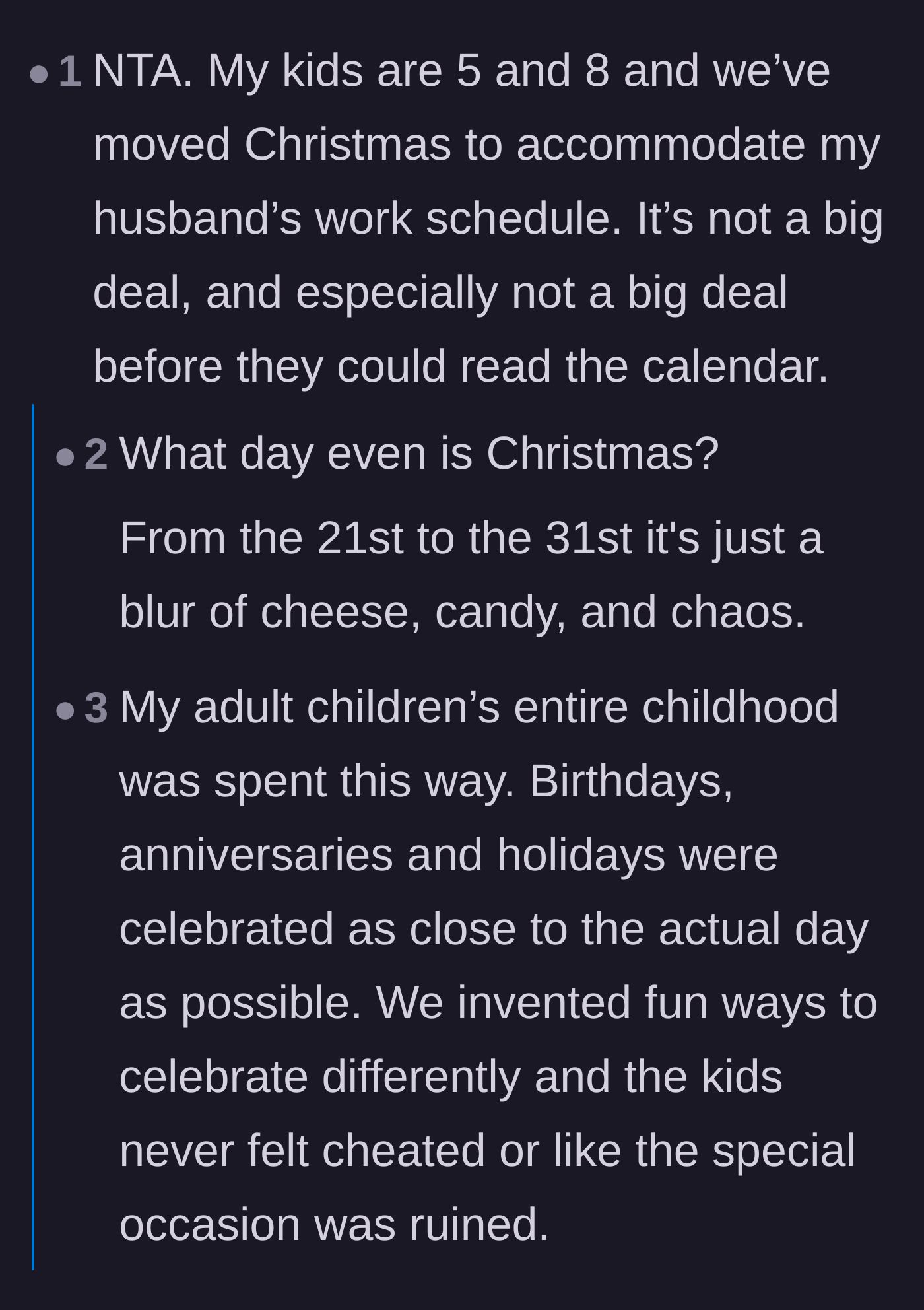Comment thread 3 - Parents sharing stories of successfully moving Christmas dates, which inevitably derails into a joke about a cheese-themed holiday.