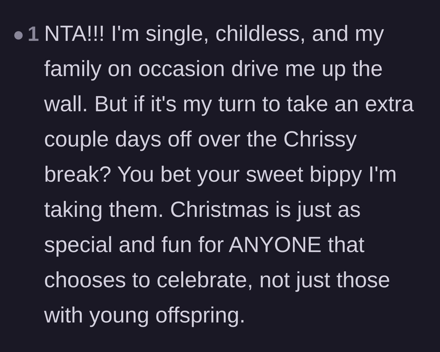 Comment thread 6 - A single and child-free worker defending their right to take earned time off during the holidays.