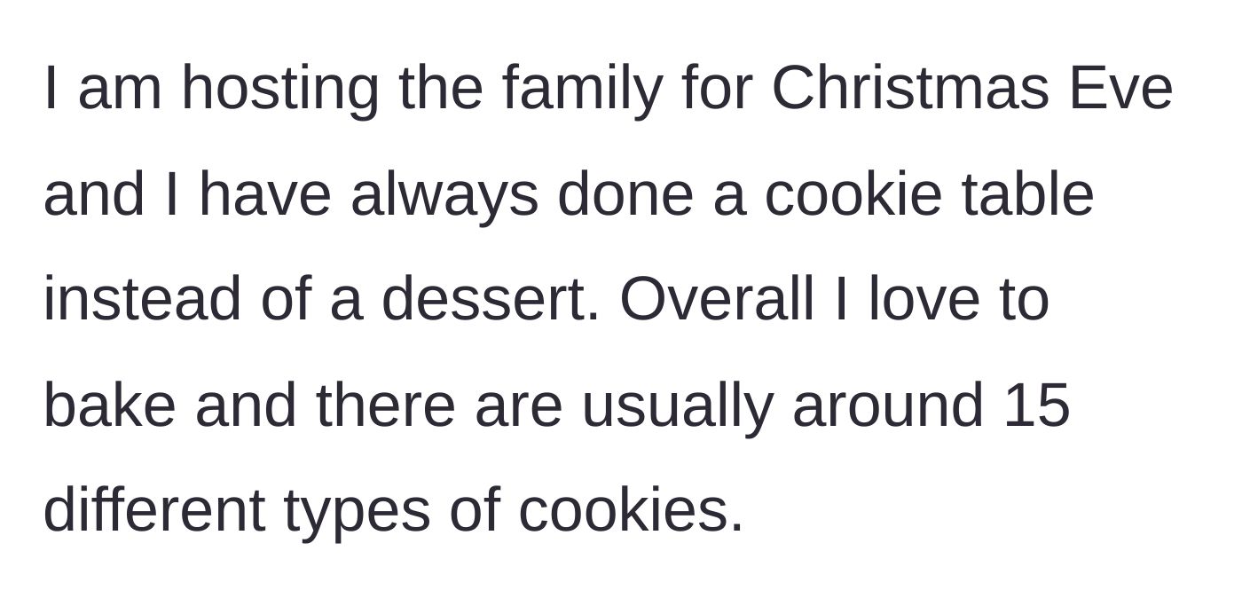 Story part 1 - Hostess explains her beloved Christmas Eve cookie table tradition with 15 varieties.