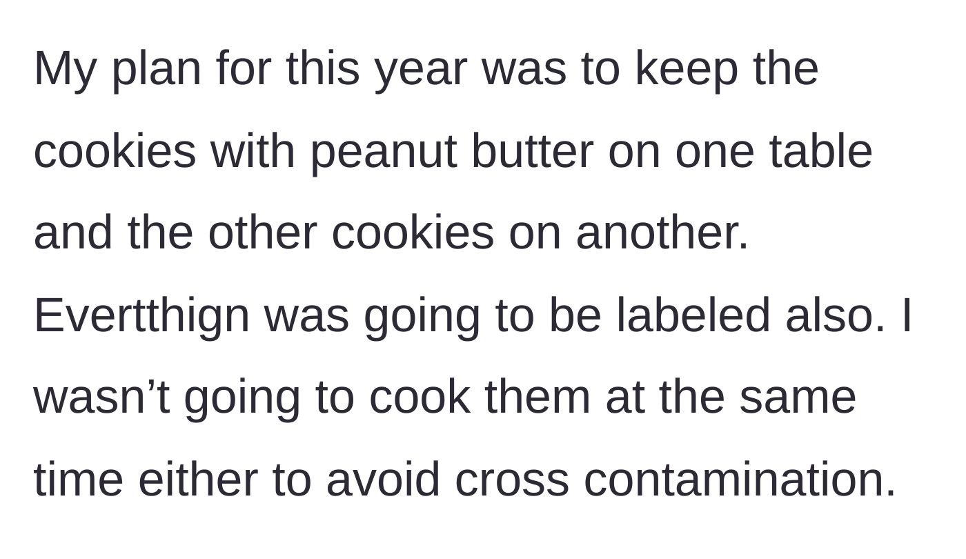 Story part 3 - Hostess outlines her careful plan for separate, labeled tables to prevent cross-contamination.