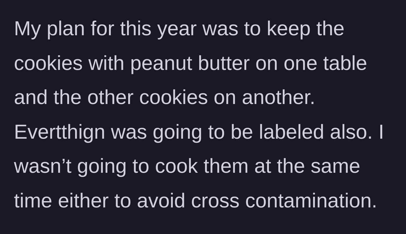 Story part 3 - Hostess outlines her careful plan for separate, labeled tables to prevent cross-contamination.