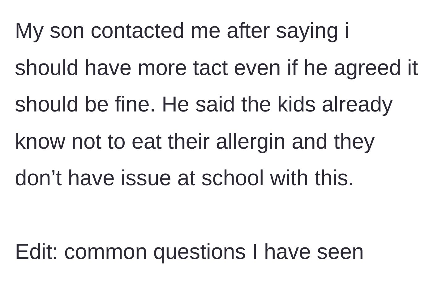 Story part 6 - Son tells his mom to have more tact, despite admitting the kids manage their allergies fine at school.