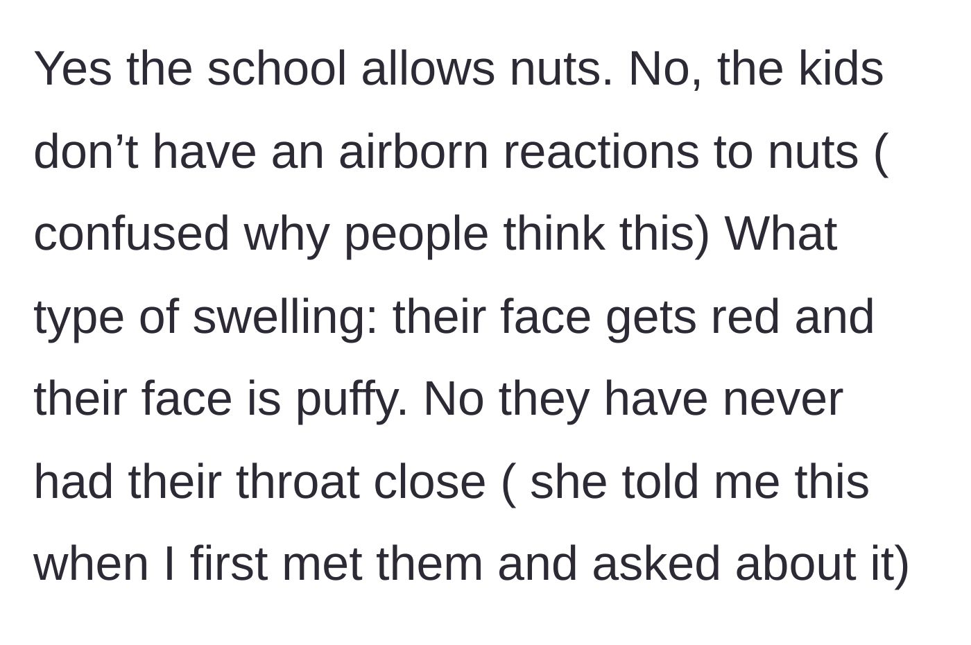 Story part 7 - Hostess clarifies the kids don't have airborne reactions and only get a puffy face, not anaphylaxis.