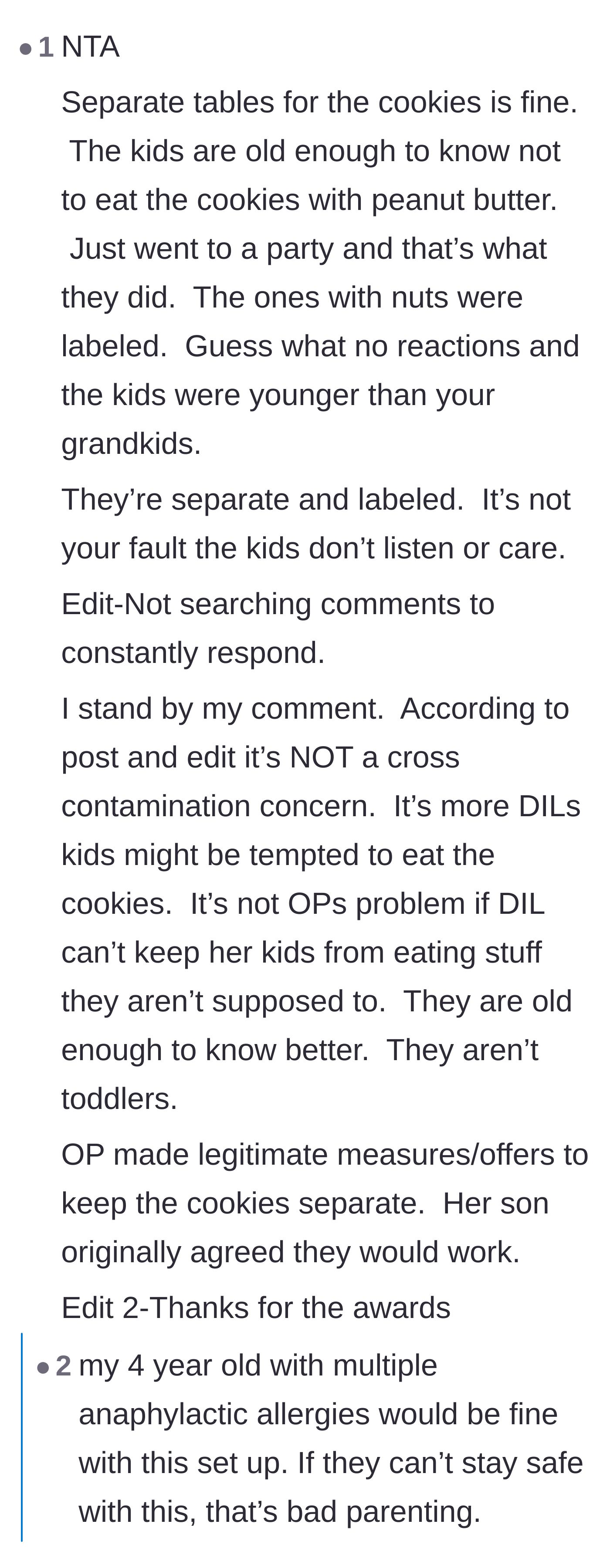 Comment thread 1 - Parents of toddlers sharing how even their three-year-olds know to ask about nut allergies before eating.