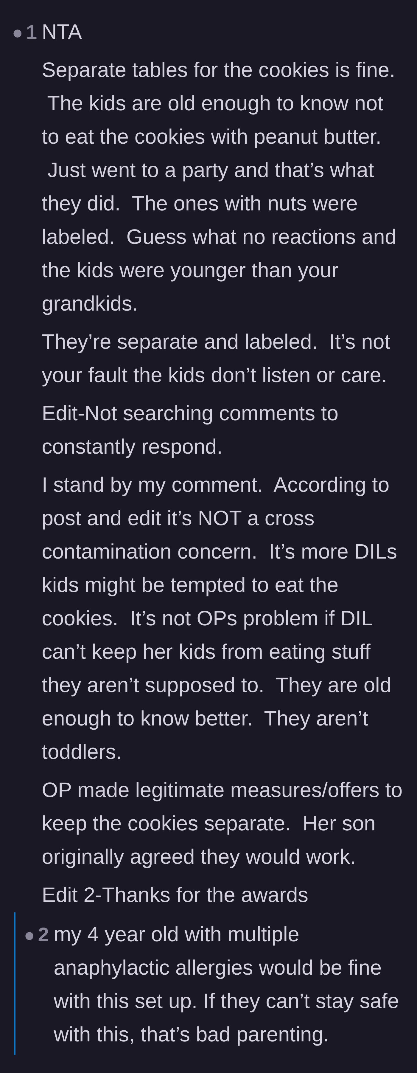 Comment thread 1 - Parents of toddlers sharing how even their three-year-olds know to ask about nut allergies before eating.