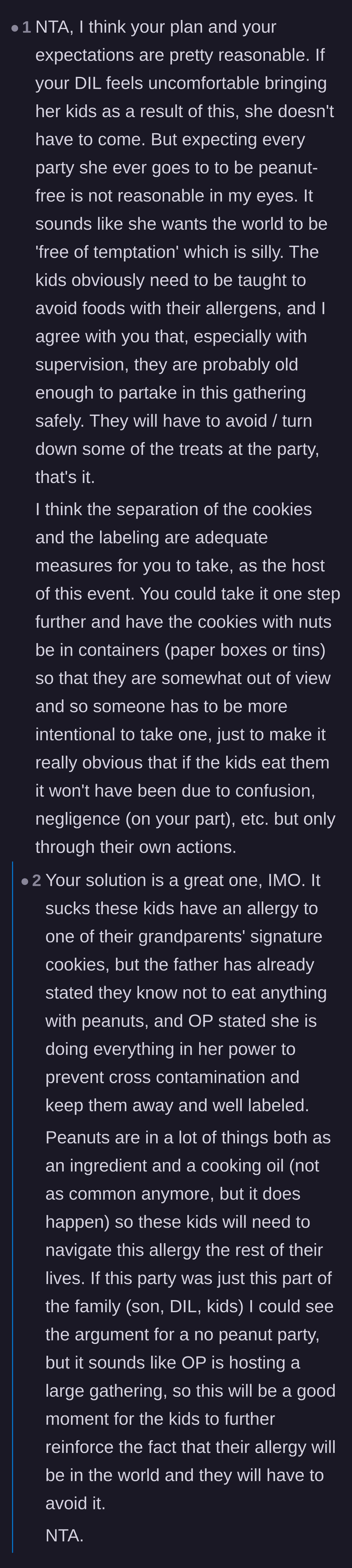 Comment thread 3 - Suggestions that the daughter-in-law should just stay home if she expects a totally peanut-free party.