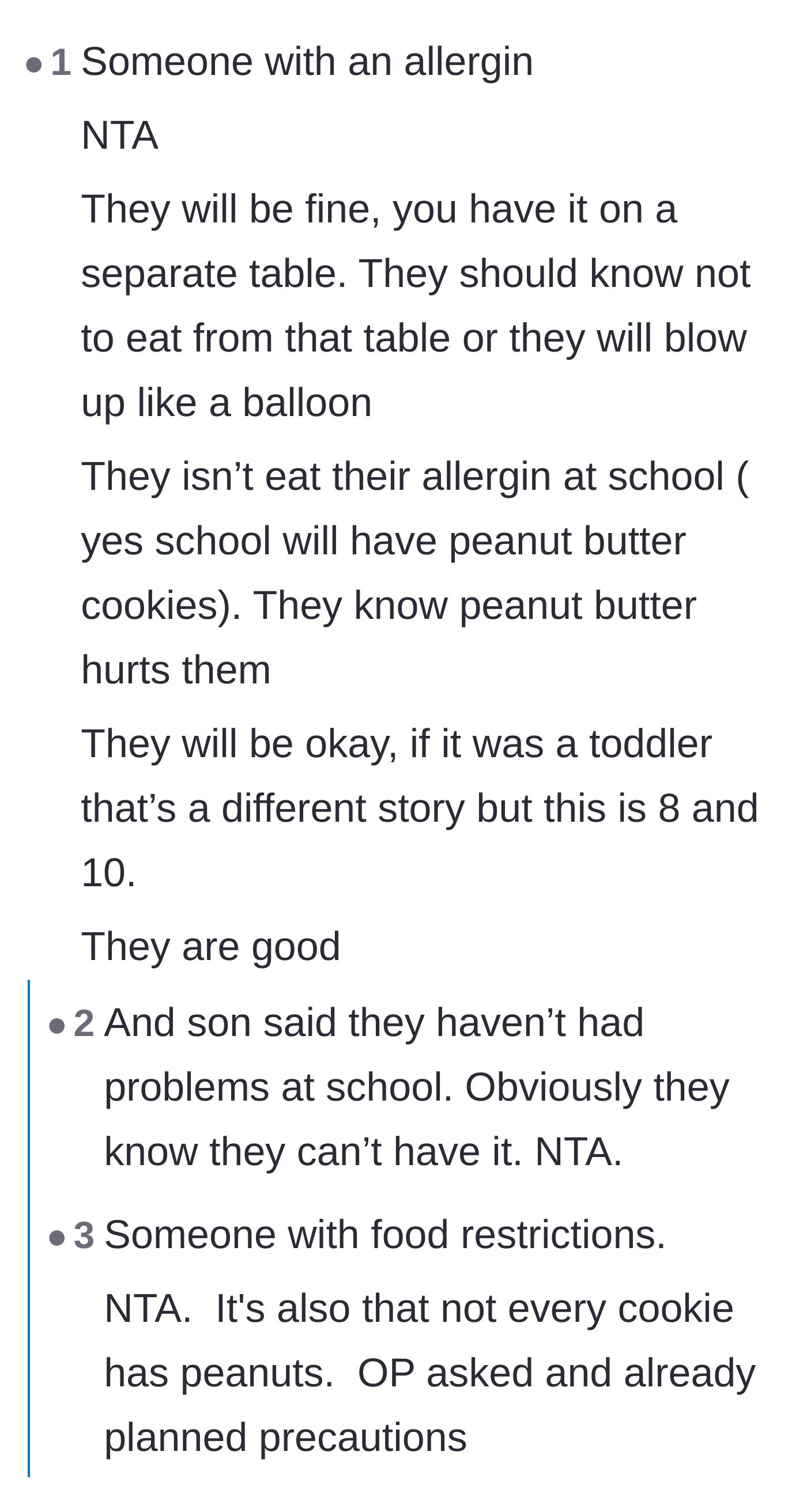 Comment thread 4 - People with actual food allergies confirming that an eight-year-old is plenty old enough to avoid a forbidden cookie table.