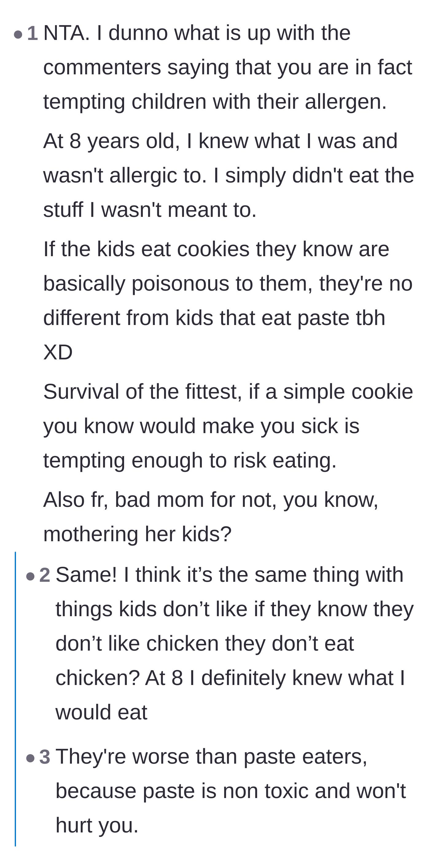 Comment thread 5 - A humorous thread comparing kids who knowingly eat their allergens to kids who eat craft paste.