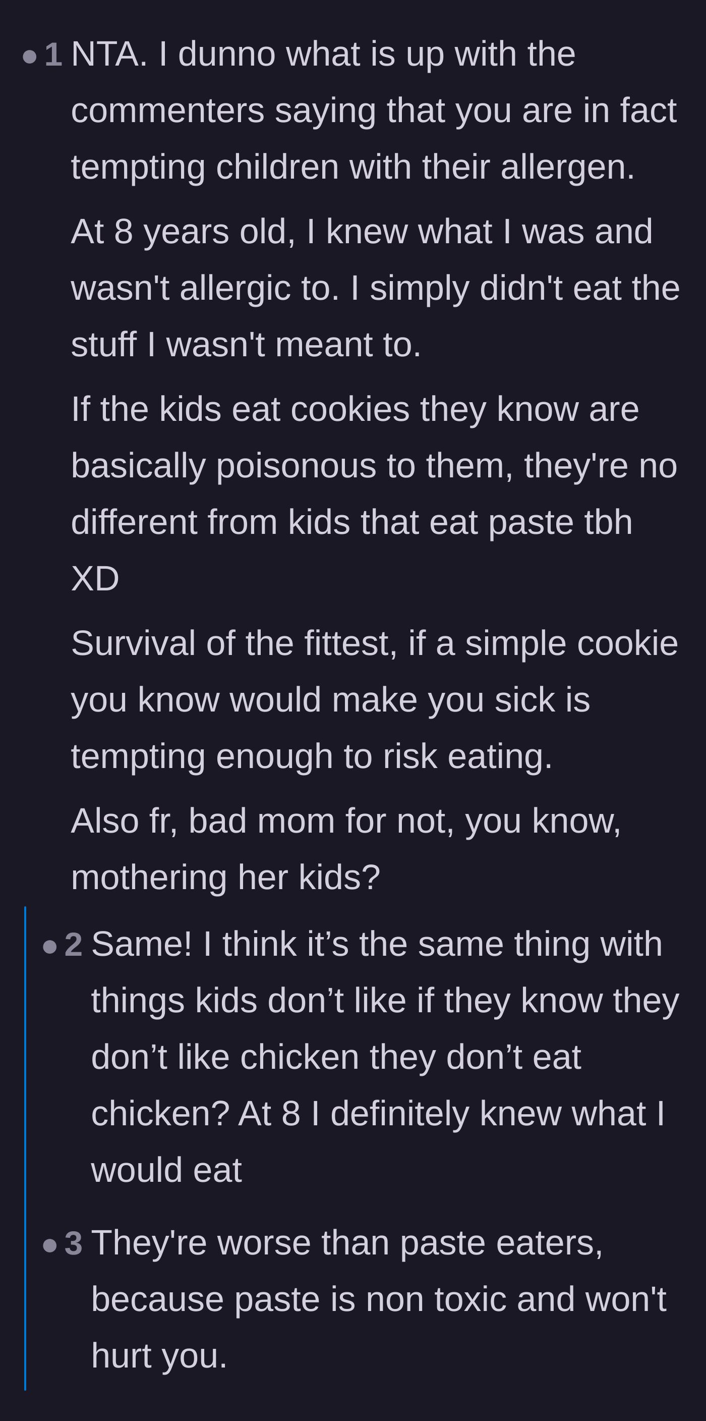 Comment thread 5 - A humorous thread comparing kids who knowingly eat their allergens to kids who eat craft paste.