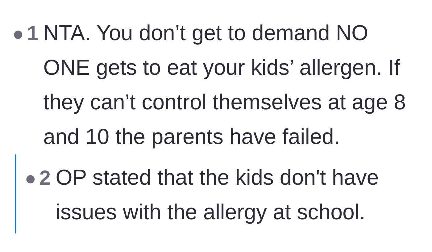Comment thread 6 - A blunt reality check that parents do not get to dictate what everyone else eats at a large family gathering.