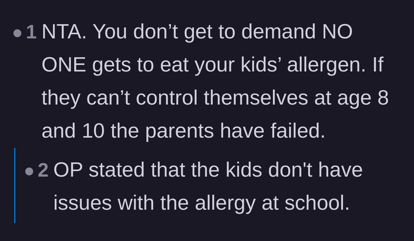 Comment thread 6 - A blunt reality check that parents do not get to dictate what everyone else eats at a large family gathering.
