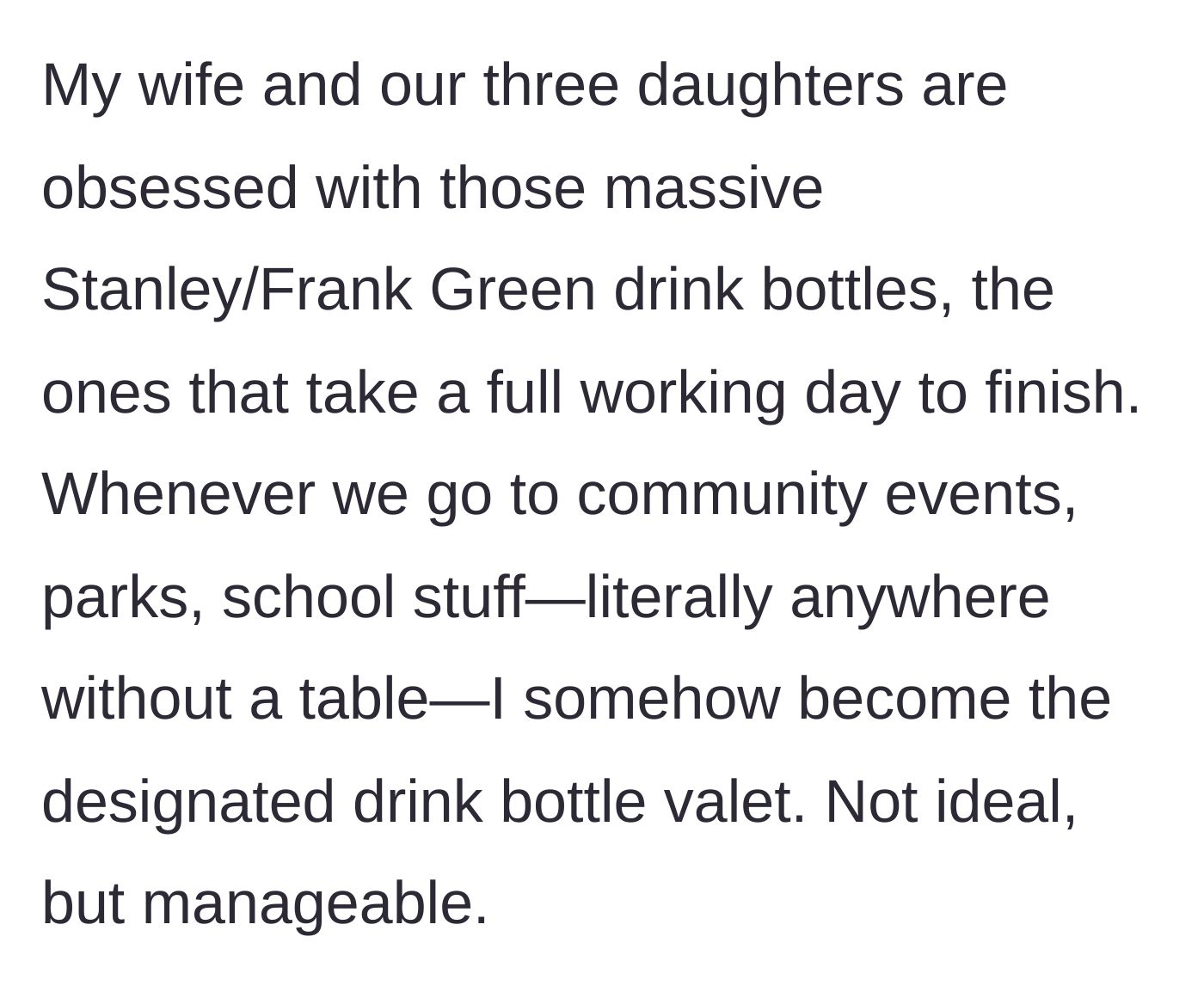 Story part 1 - A frustrated dad standing at a community event, awkwardly cradling four massive pastel tumbler cups.
