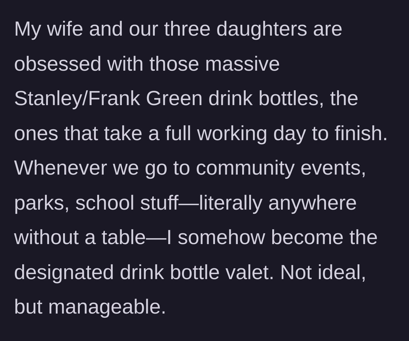 Story part 1 - A frustrated dad standing at a community event, awkwardly cradling four massive pastel tumbler cups.
