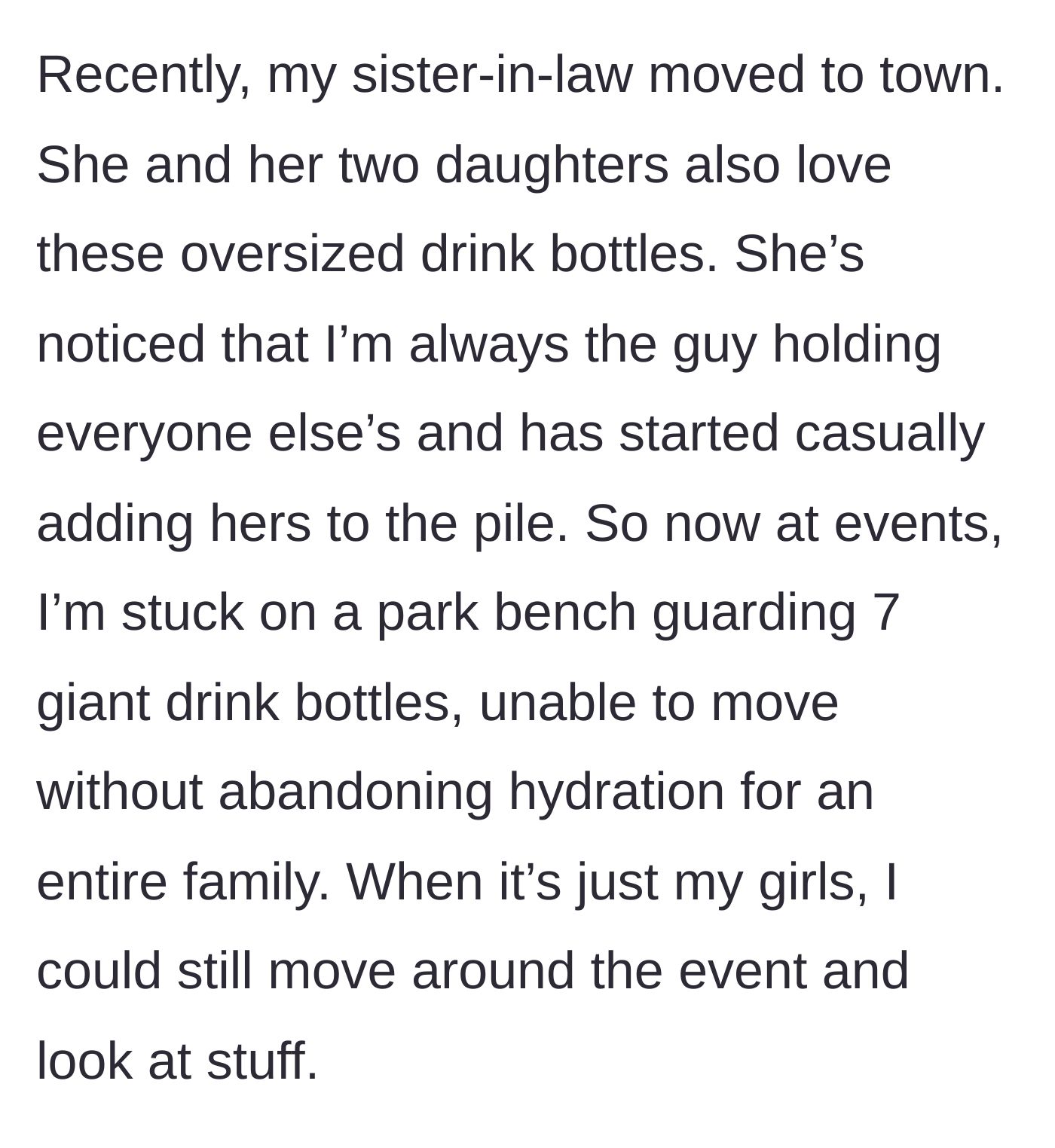 Story part 2 - A defeated man sitting alone on a park bench surrounded by a barricade of seven giant water bottles.