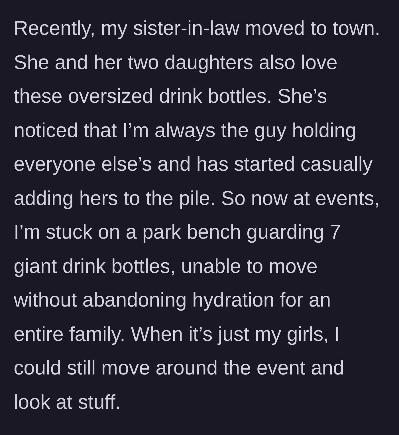 Story part 2 - A defeated man sitting alone on a park bench surrounded by a barricade of seven giant water bottles.