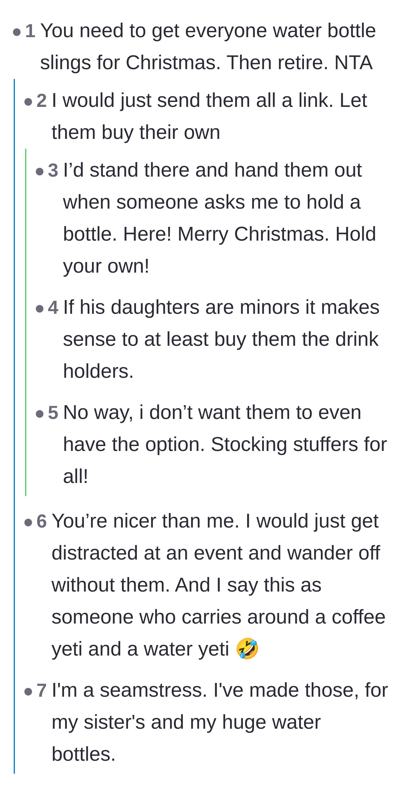Comment thread 1 - Readers suggesting the dad buy everyone water bottle slings for Christmas so they can carry their own cups.