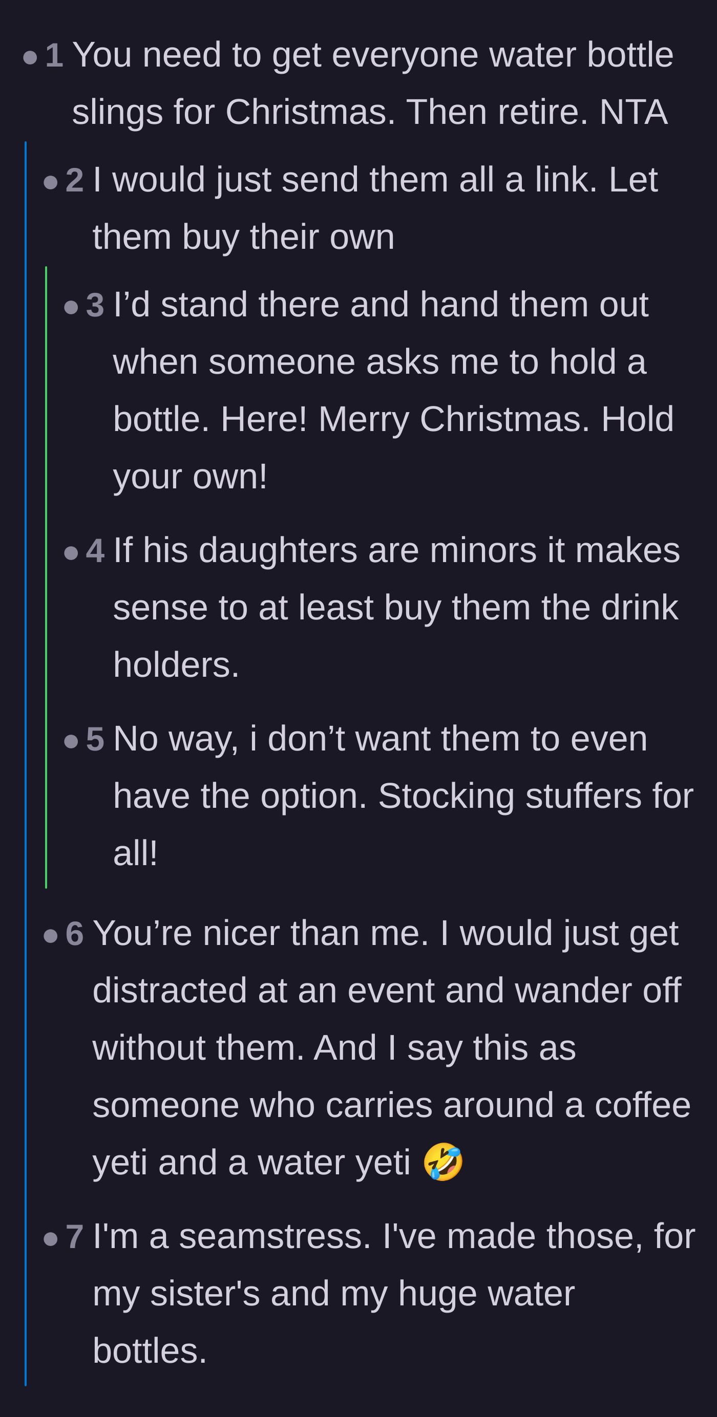 Comment thread 1 - Readers suggesting the dad buy everyone water bottle slings for Christmas so they can carry their own cups.