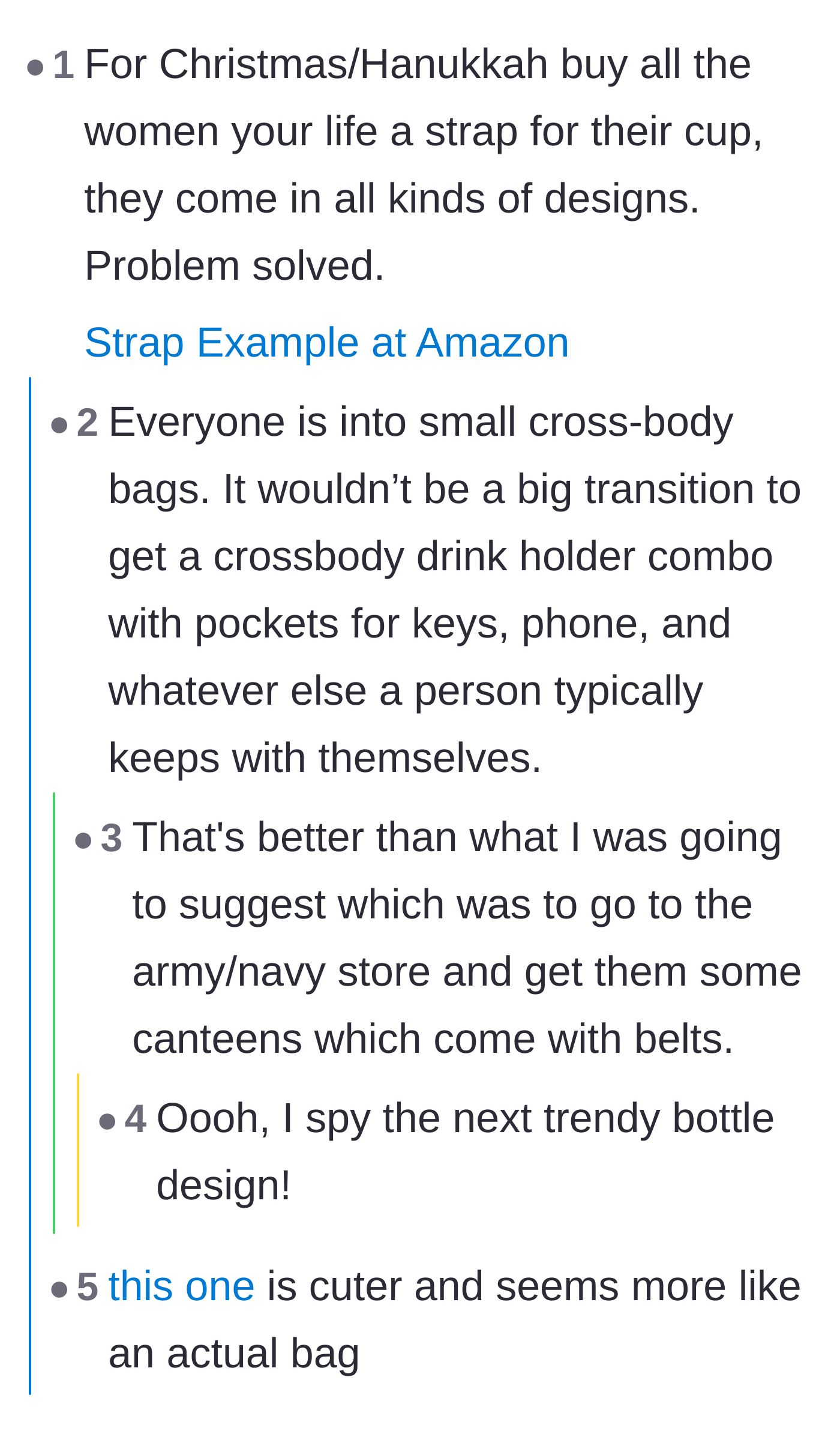 Comment thread 2 - A discussion about turning water bottles into wearable crossbody bags and the potential return of fanny packs.
