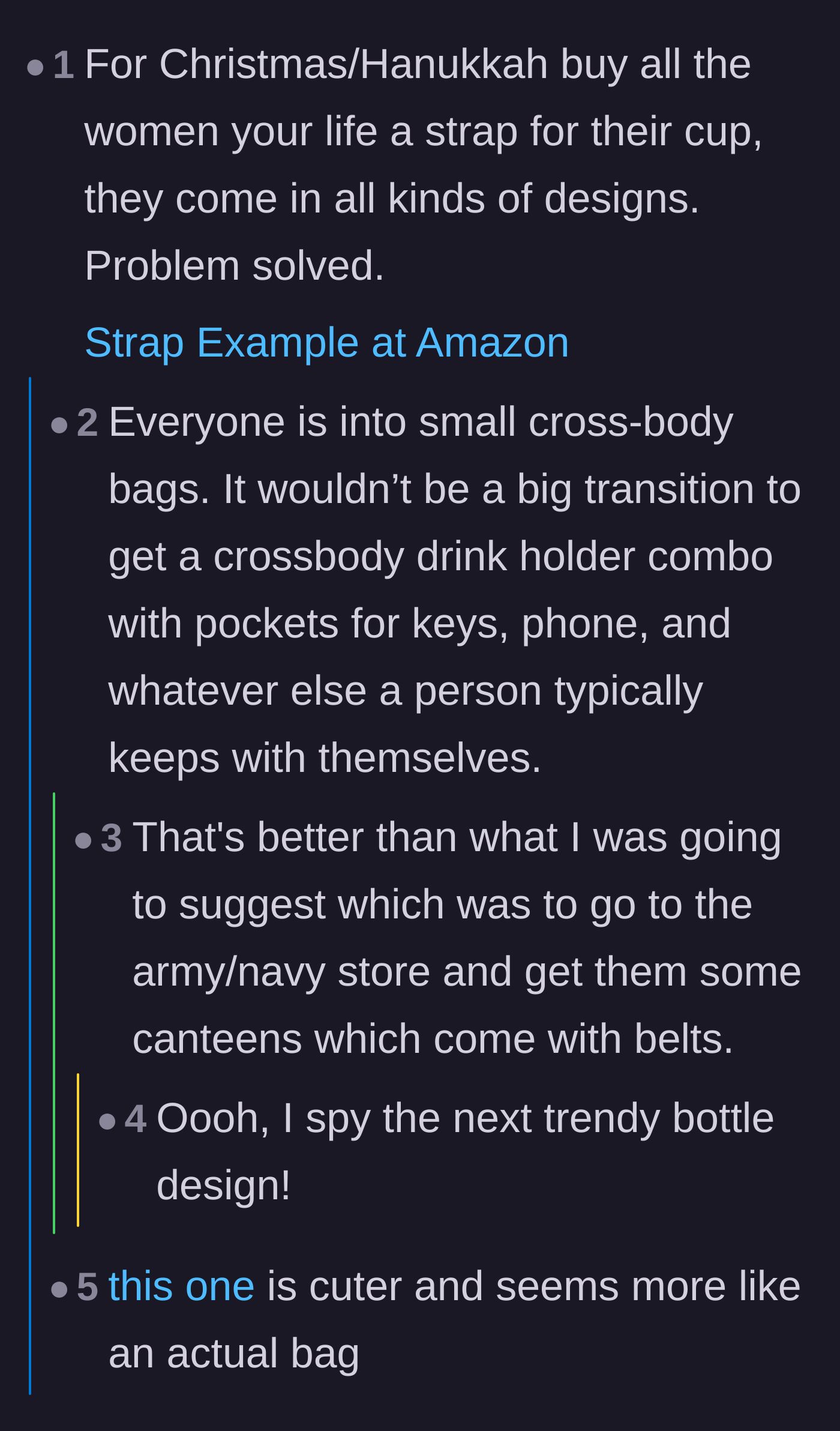 Comment thread 2 - A discussion about turning water bottles into wearable crossbody bags and the potential return of fanny packs.