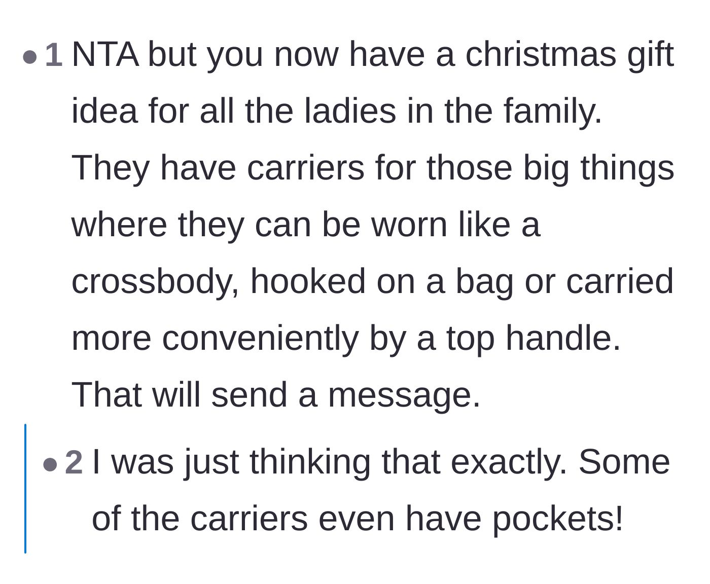 Comment thread 3 - Commenters agreeing that gifting cup carriers sends a perfectly passive-aggressive message to the family.