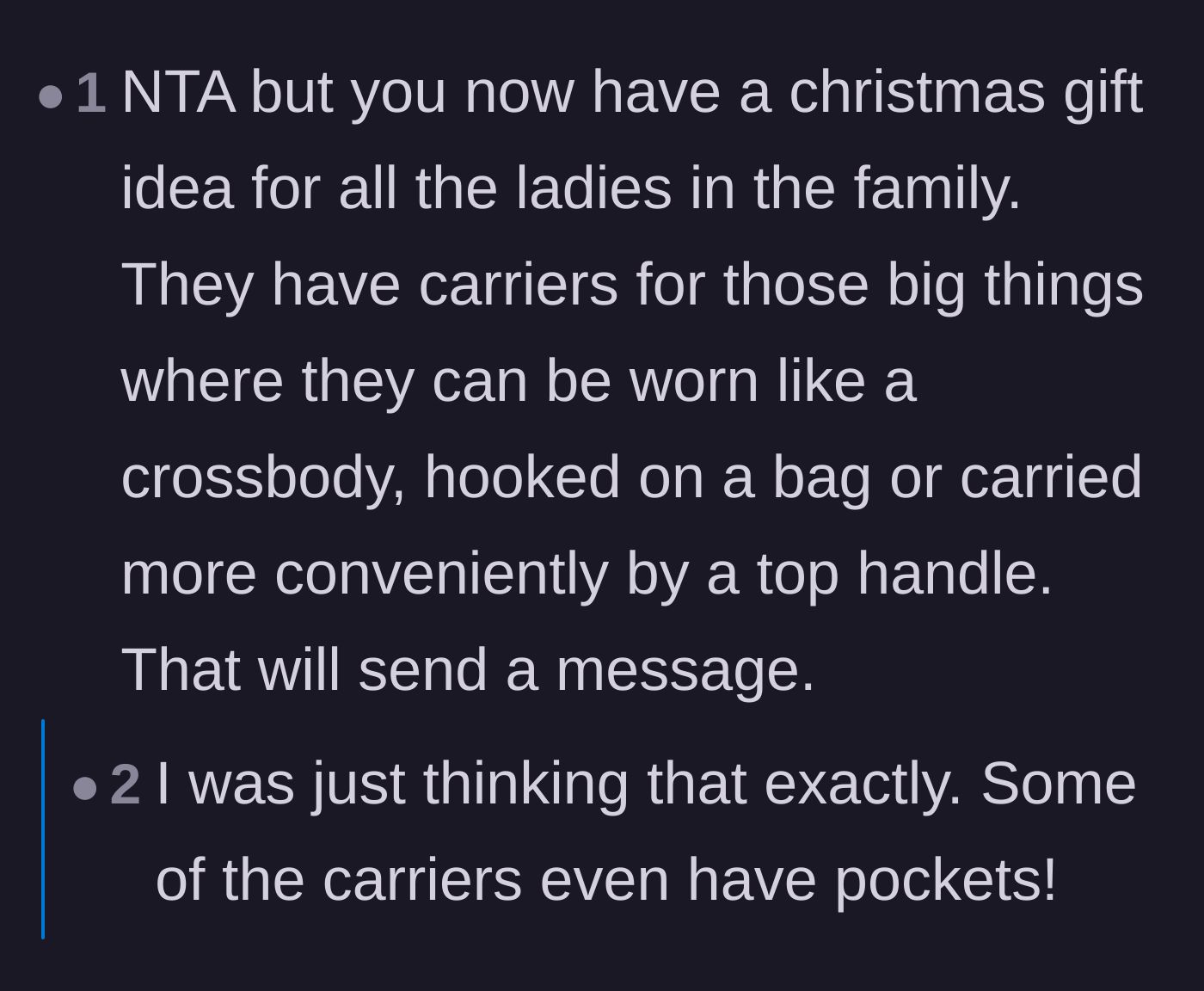 Comment thread 3 - Commenters agreeing that gifting cup carriers sends a perfectly passive-aggressive message to the family.