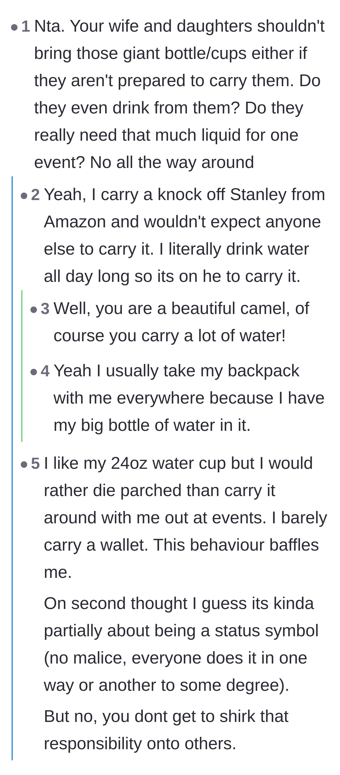 Comment thread 4 - A debate calling out the ridiculousness of the trend and comparing the giant cups to adult sippy cups.