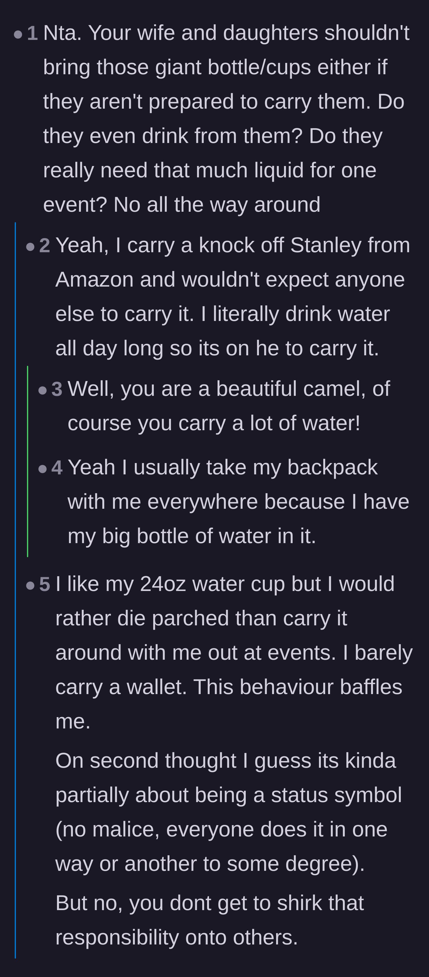 Comment thread 4 - A debate calling out the ridiculousness of the trend and comparing the giant cups to adult sippy cups.