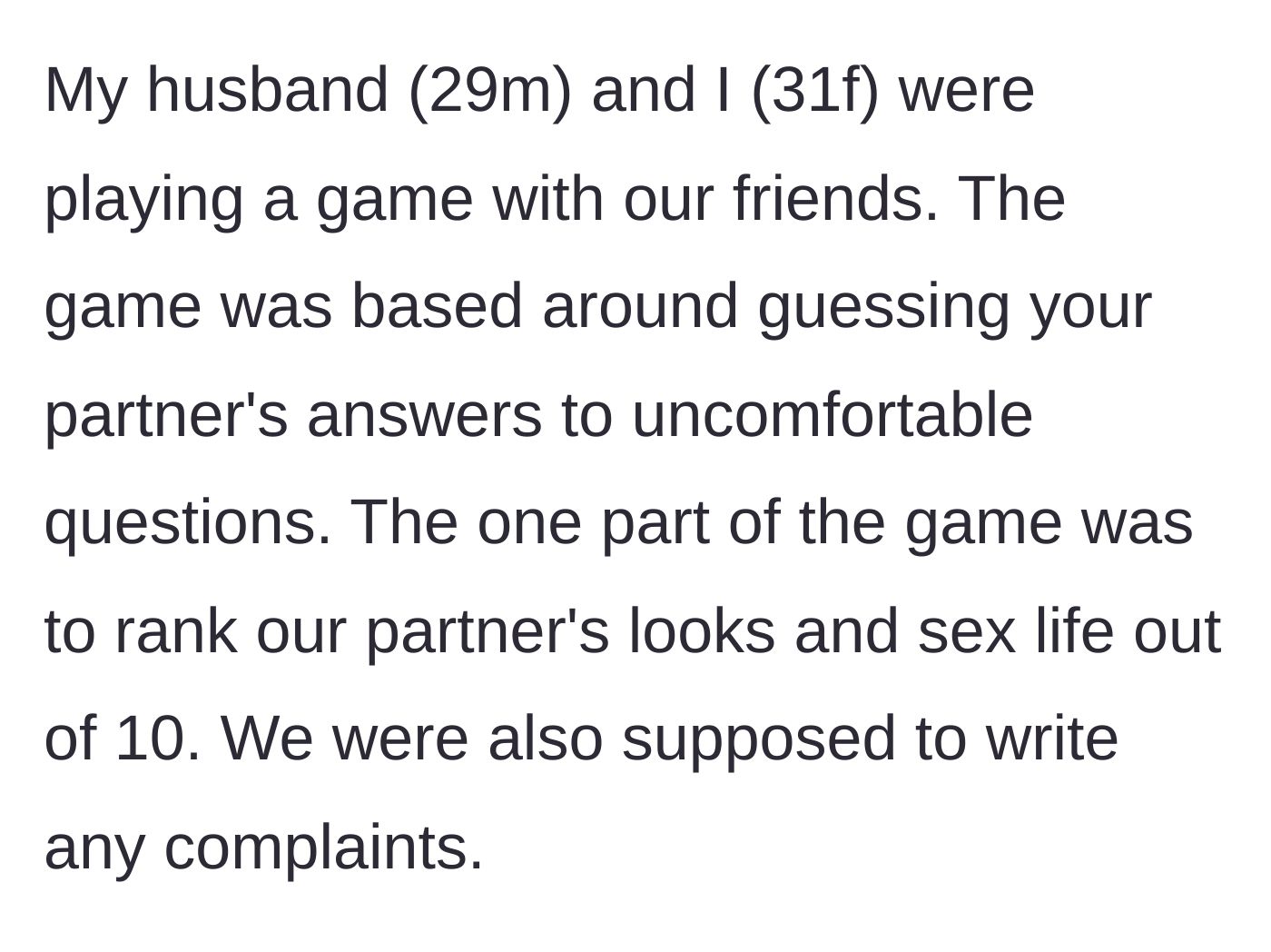 Story part 1 - Couples playing a party game where they rank their partners' looks and intimacy, including writing down complaints.