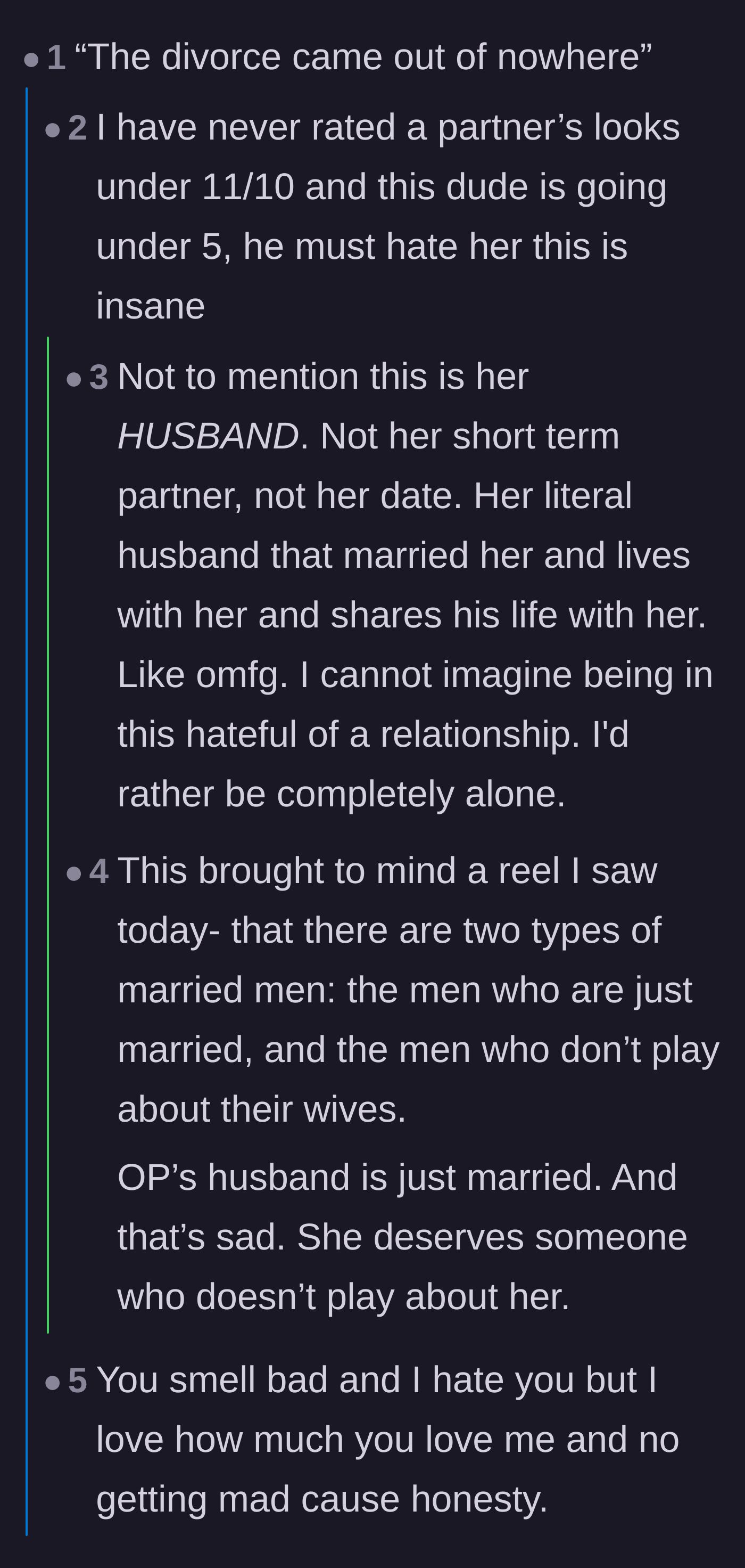 Comment thread 1 - Readers sharing heartwarming stories of truly supportive partners to contrast with the husband's cruelty.