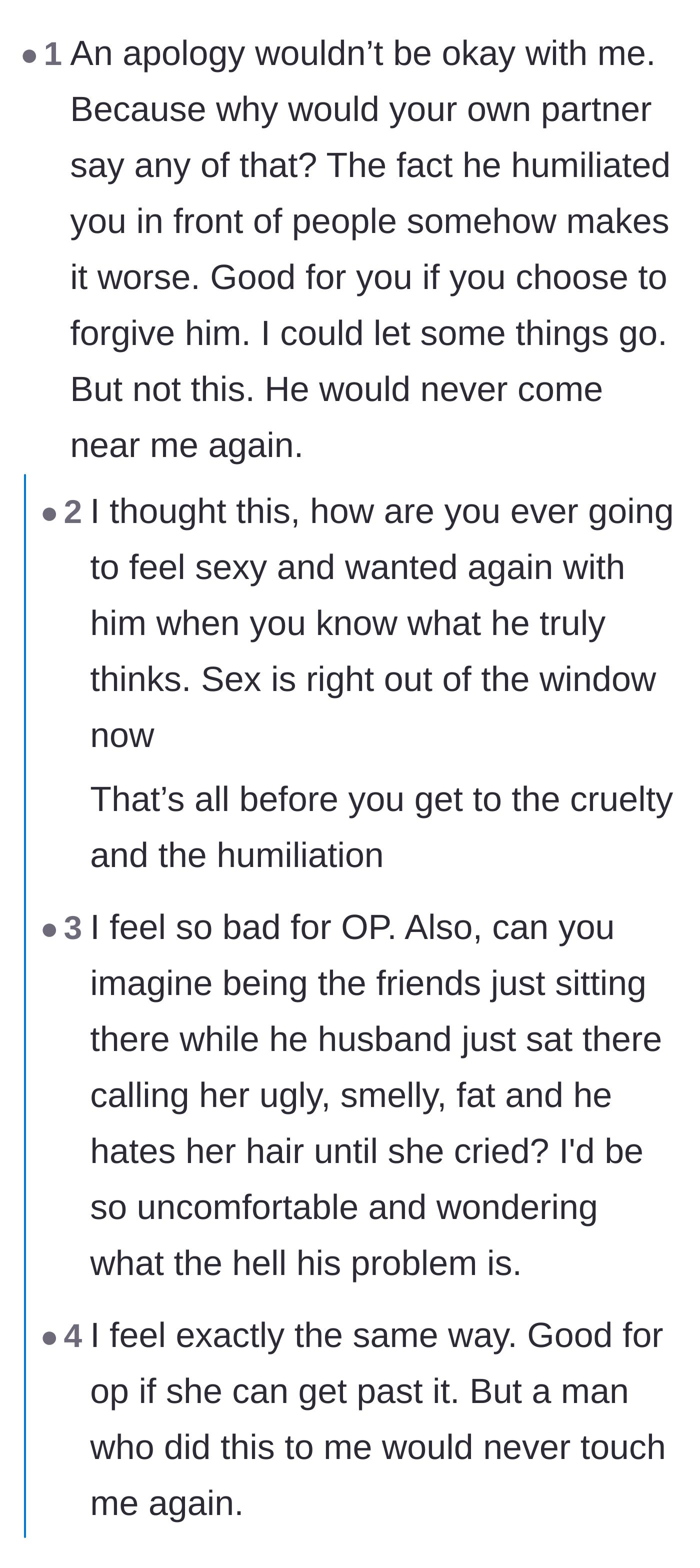 Comment thread 2 - Debating the permanent destruction of intimacy and the shocking silence of the friends in the room.