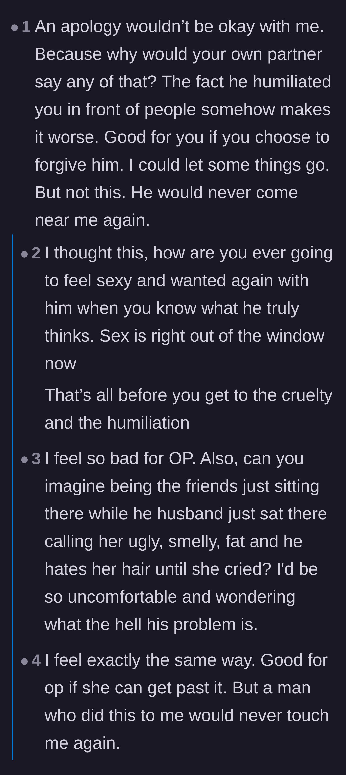 Comment thread 2 - Debating the permanent destruction of intimacy and the shocking silence of the friends in the room.
