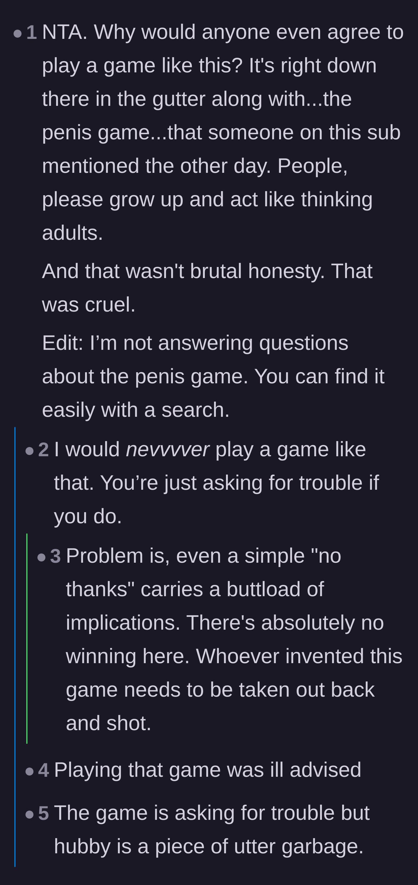Comment thread 3 - Pointing out the toxicity of truth games while placing the ultimate blame entirely on the husband's character.