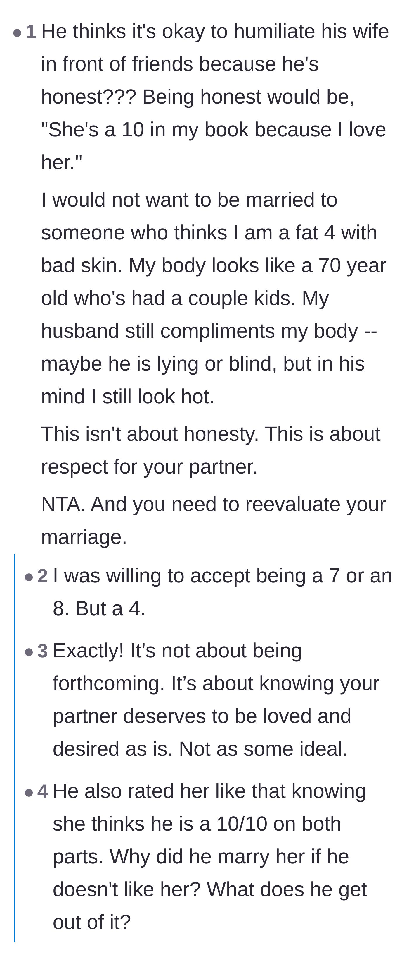 Comment thread 4 - The wife realizing her husband's hypocrisy in rating himself perfectly while actively tearing her down.